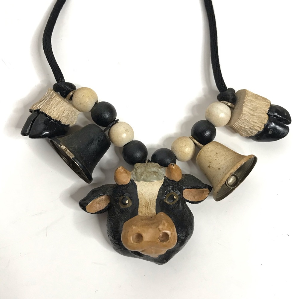 Funky Vintage Cow Animal Necklace Jingle Bell Farm